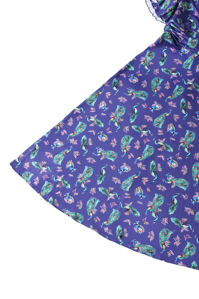 Donna Petal Sleeved Dress in Purple and Peacock Print
