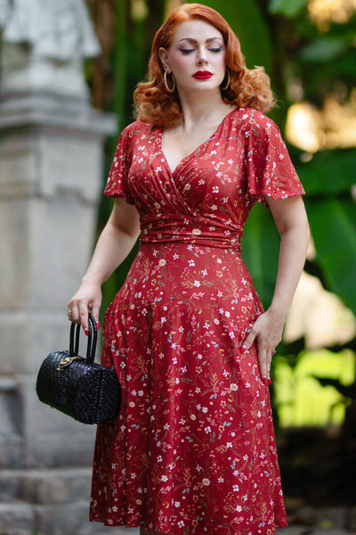 Donna Burgundy Dainty Floral Tea Dress