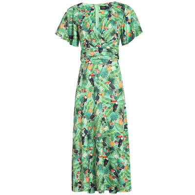 Donna Petal Sleeved Dress in Tropical Green and Toucan Print