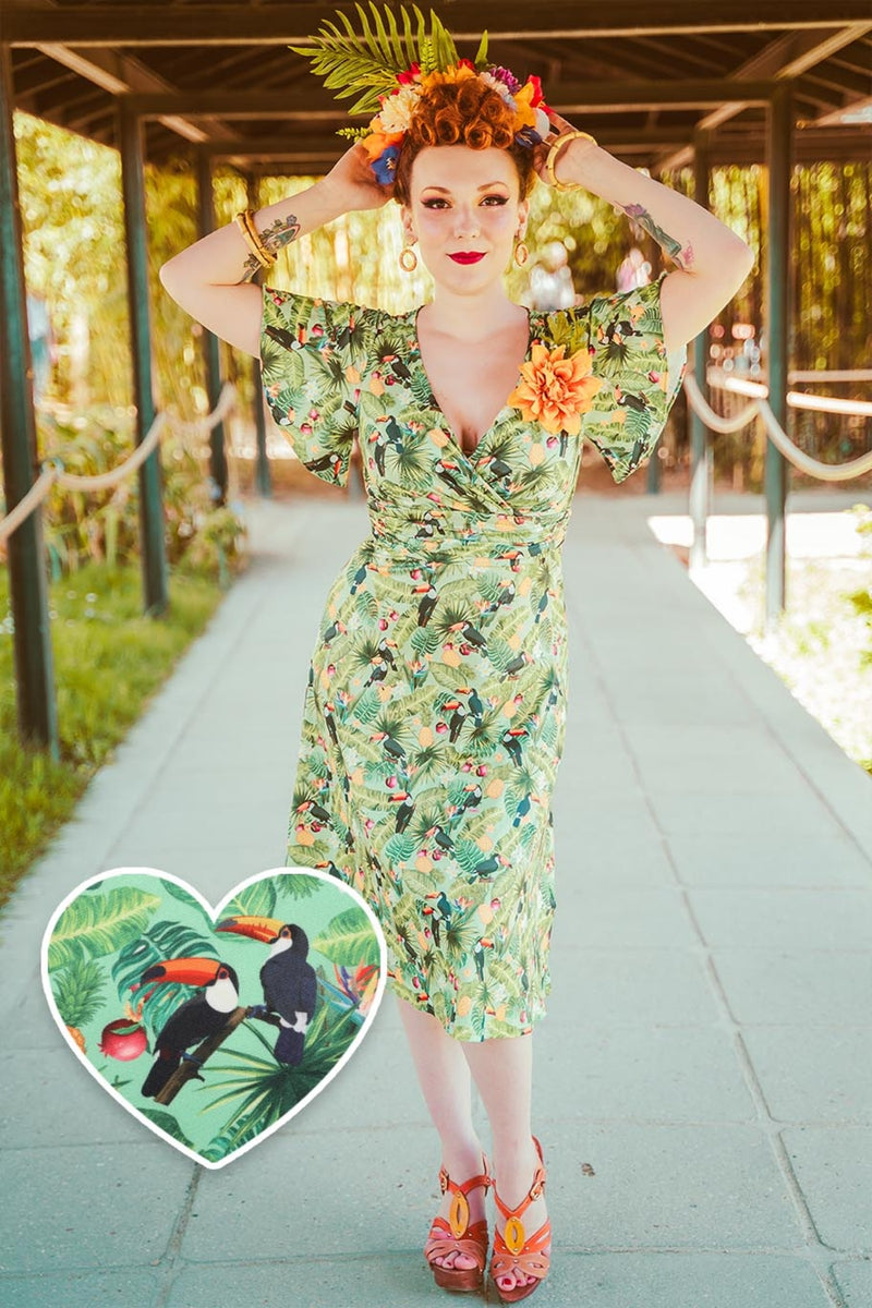 Donna Petal Sleeved Dress in Tropical Green and Toucan Print