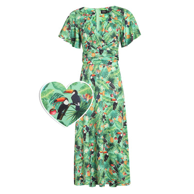 Donna Petal Sleeved Dress in Tropical Green and Toucan Print