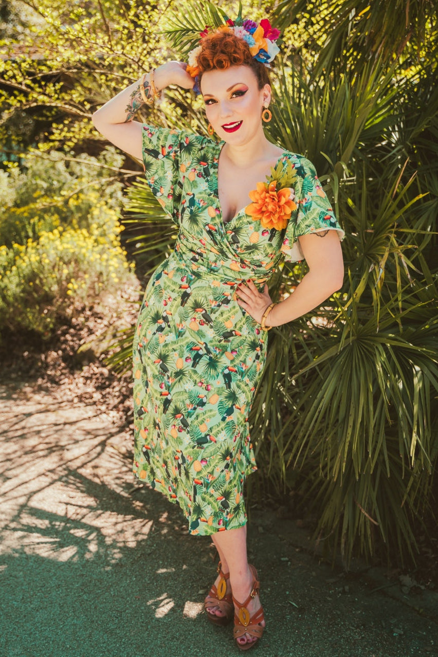 Donna Petal Sleeved Dress in Tropical Green and Toucan Print
