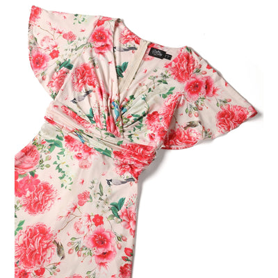 EU Stock-Donna Petal Sleeved Dress in Light Pink and Floral Print
