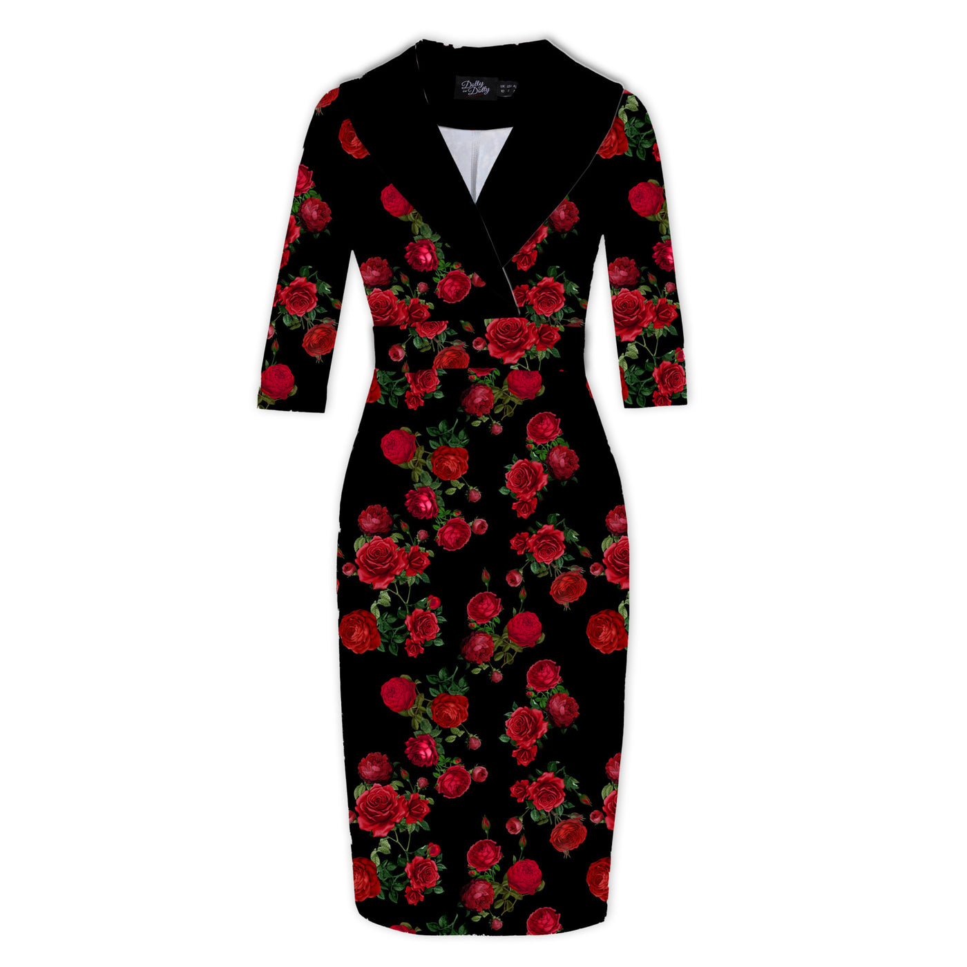 Fiona Fitted Wrap Collar Vintage Dress Black & Red Rose Print