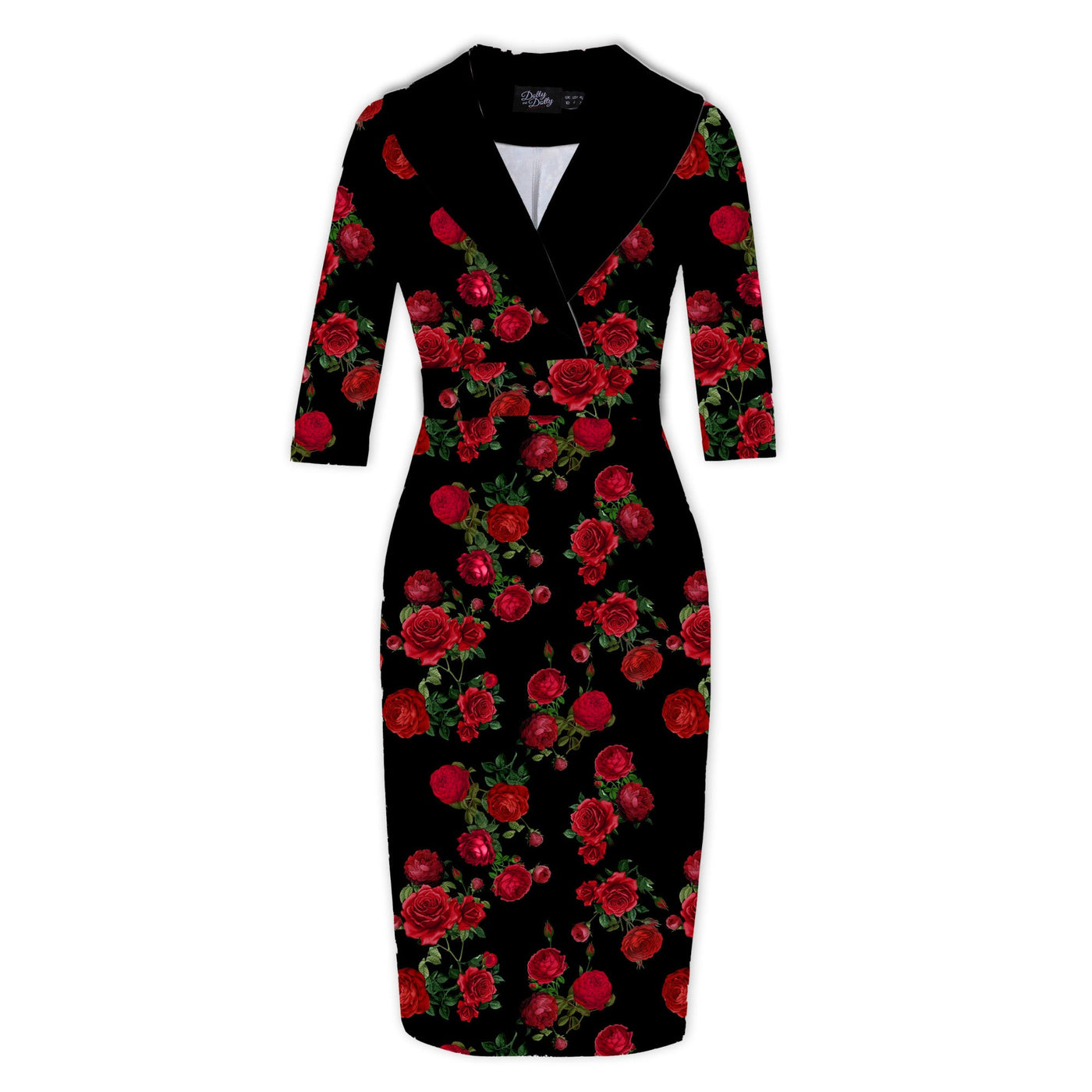 PRE-ORDER Fiona Fitted Wrap Collar Vintage Dress Black & Red Rose Print