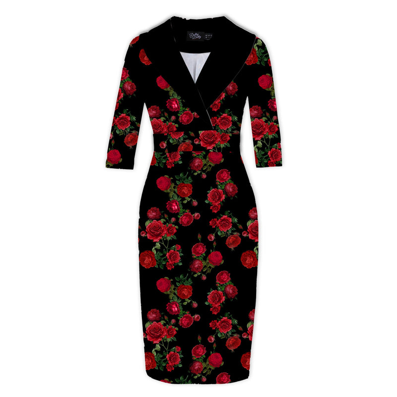 PRE-ORDER Fiona Fitted Wrap Collar Vintage Dress Black & Red Rose Print