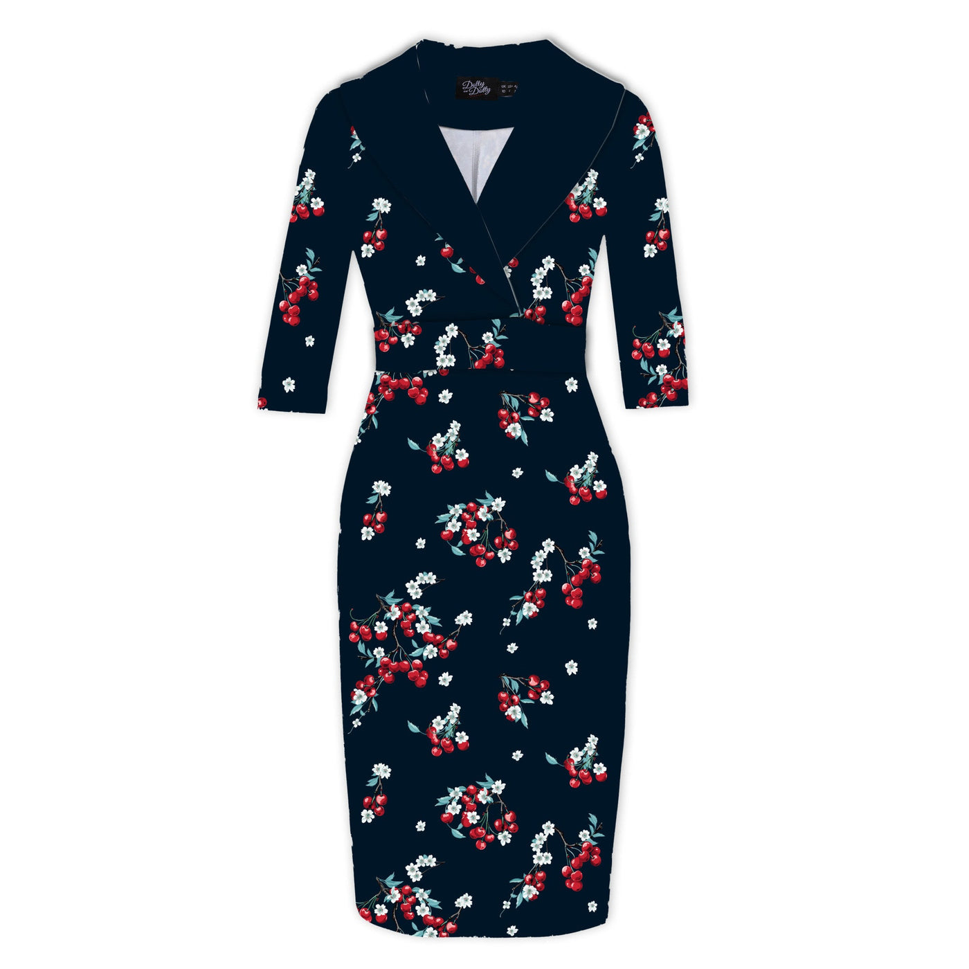 PRE-ORDER Fiona Fitted Wrap Collar Vintage Dress Navy Blue Cherry Print