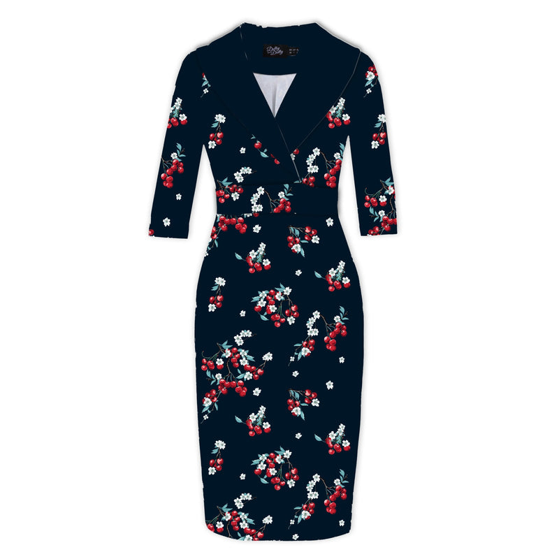 PRE-ORDER Fiona Fitted Wrap Collar Vintage Dress Navy Blue Cherry Print