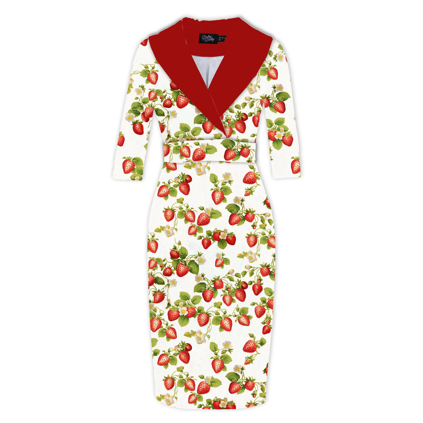PRE-ORDER Fiona Fitted Wrap Collar Vintage Dress in White Strawberry Print
