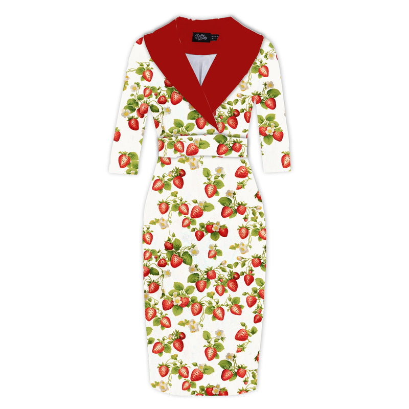 PRE-ORDER Fiona Fitted Wrap Collar Vintage Dress in White Strawberry Print