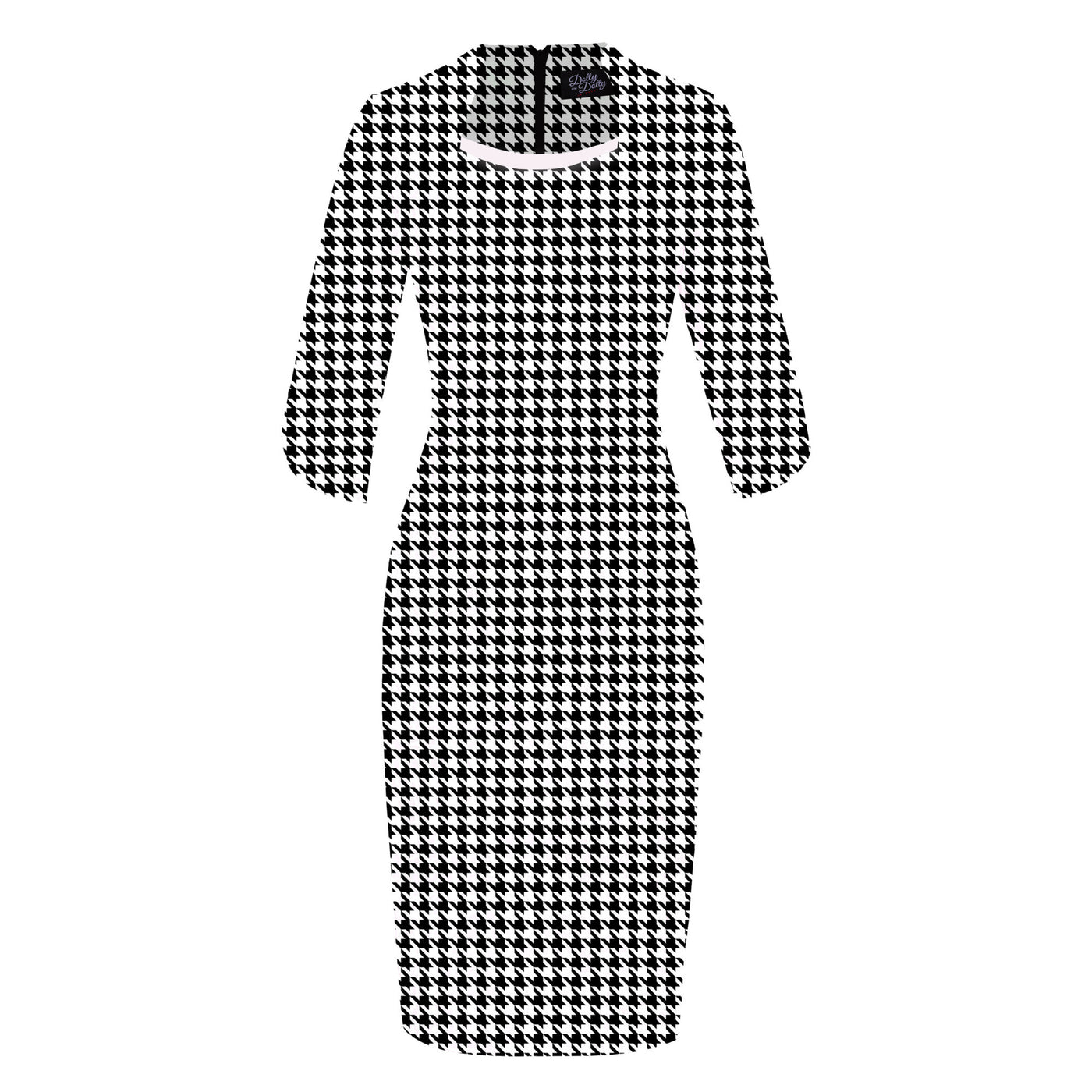 Theresa Fitted Collared Vintage Dress in Black Dogtooth Print