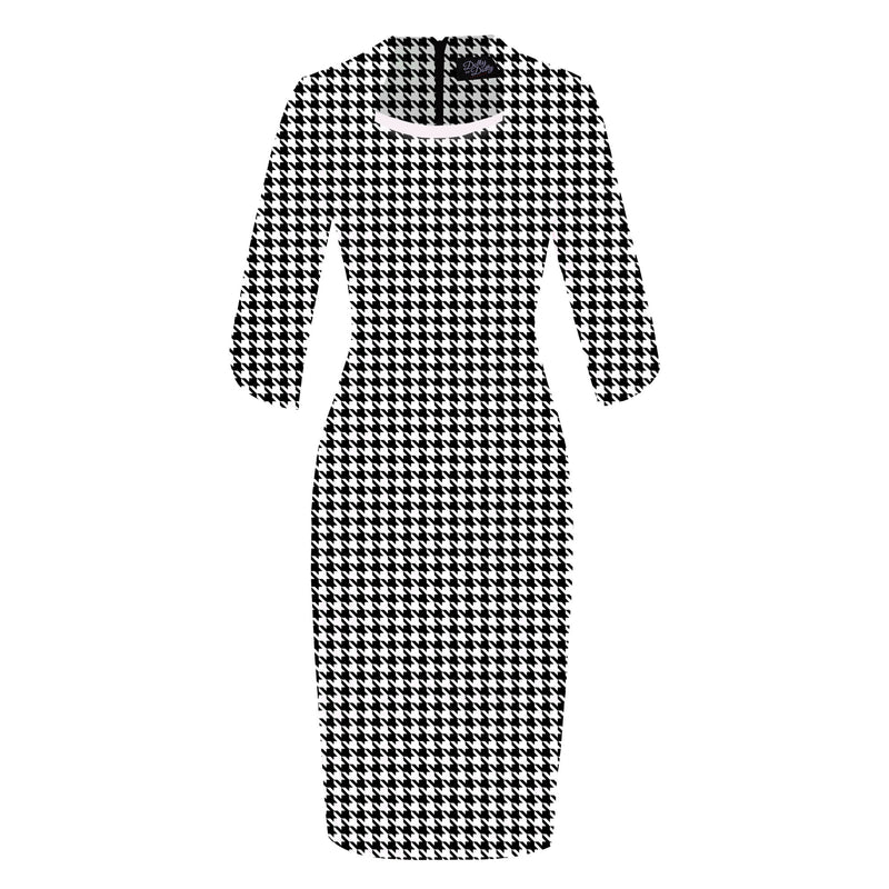 Theresa Fitted Collared Vintage Dress in Black Dogtooth Print