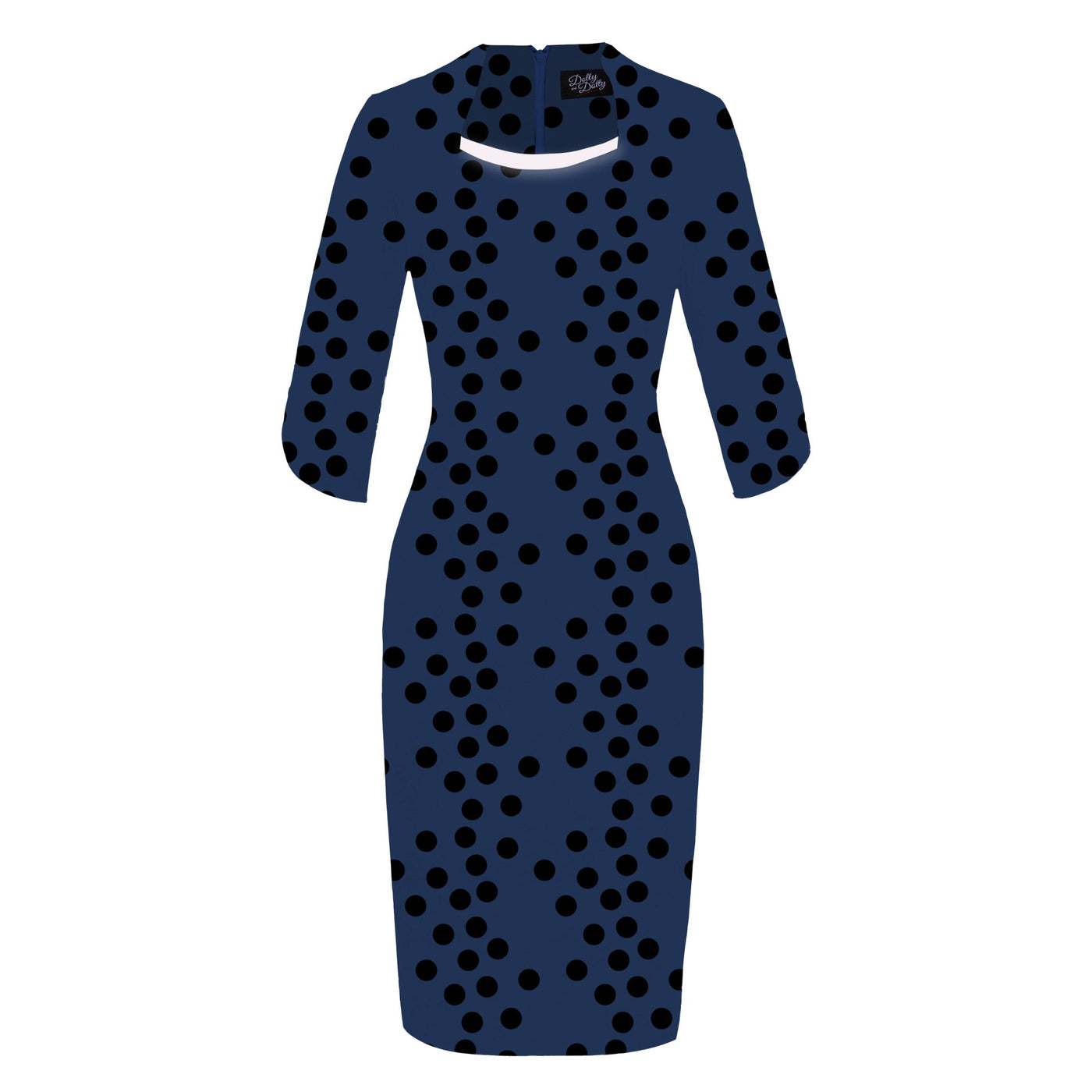 PRE-ORDER Theresa Fitted Collared Vintage Dress in Blue & Black Polka Print