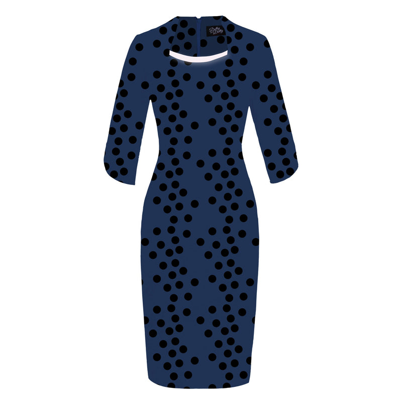 PRE-ORDER Theresa Fitted Collared Vintage Dress in Blue & Black Polka Print