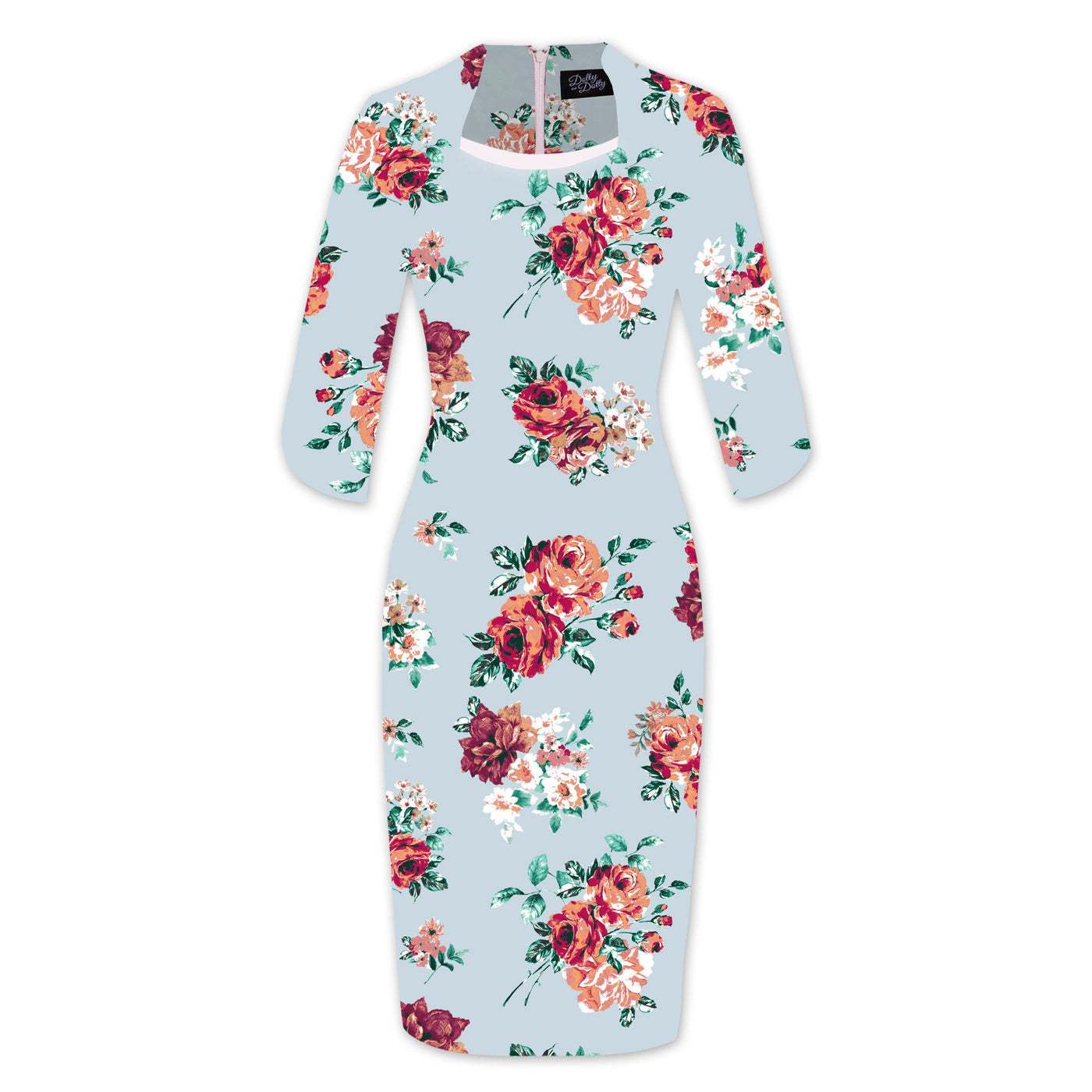 PRE-ORDER Theresa Fitted Collared Vintage Dress in Light Blue Floral Print