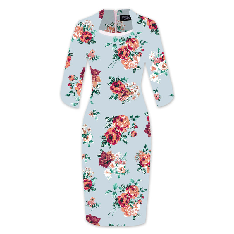 PRE-ORDER Theresa Fitted Collared Vintage Dress in Light Blue Floral Print