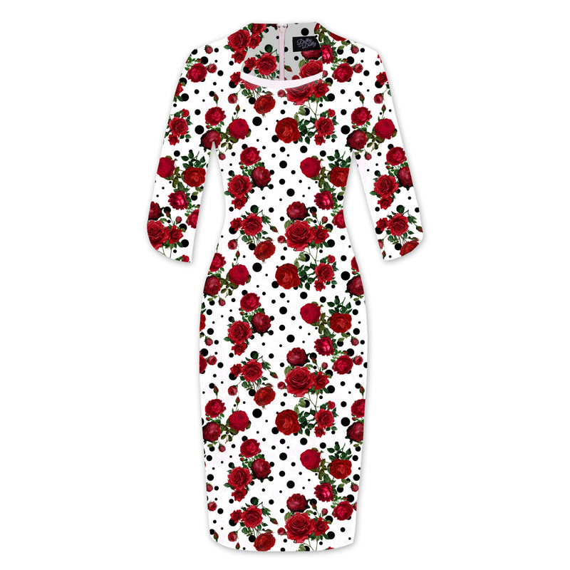 Theresa Fitted Collared Vintage Dress in White Rose Print