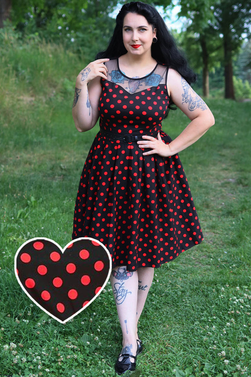 EU STOCK Elizabeth Vintage Swing Dress in Black/Red Polka