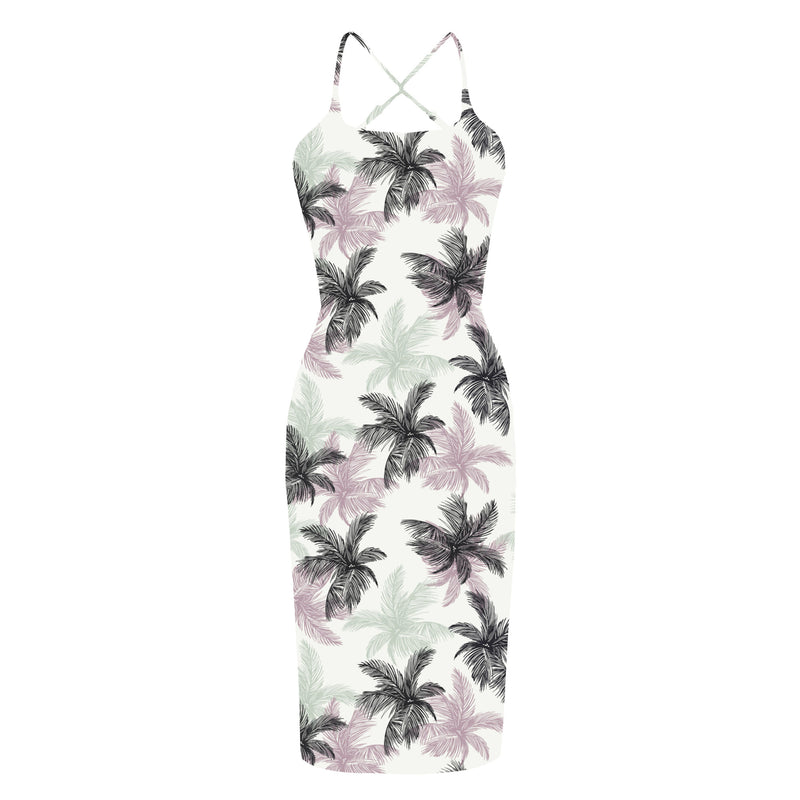 Norma Cross Strap Lace Pencil Dress in White Palm Print