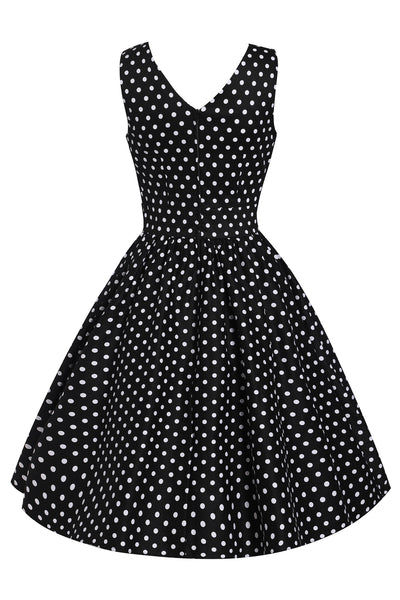 May V-neck 50s Style Swing Dress in Black Polka Dot