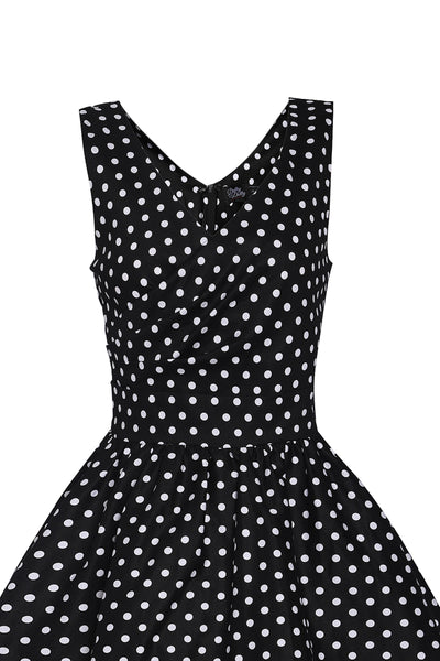 May V-neck 50s Style Swing Dress in Black Polka Dot