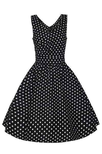 May V-neck 50s Style Swing Dress in Black Polka Dot