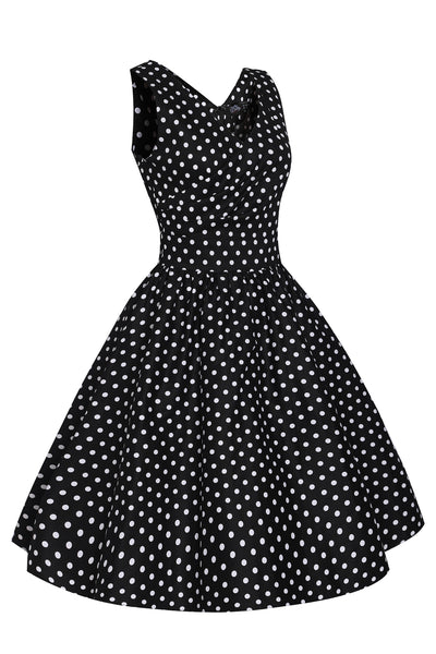 May V-neck 50s Style Swing Dress in Black Polka Dot