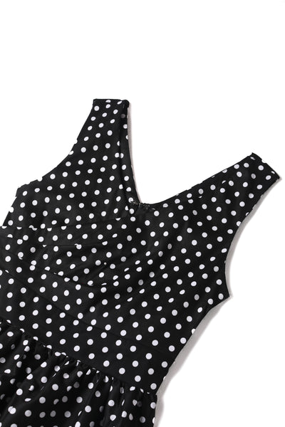 May V-neck 50s Style Swing Dress in Black Polka Dot
