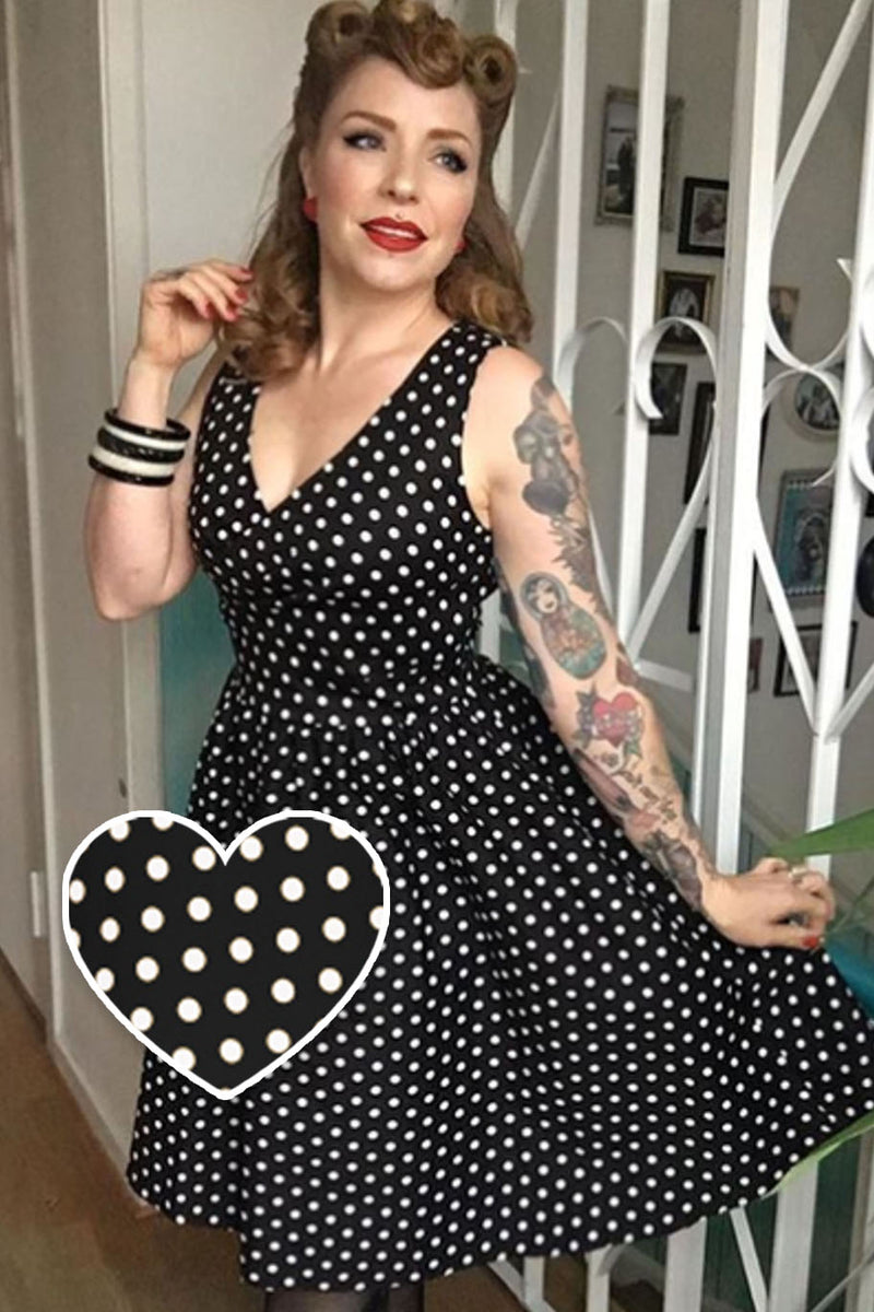 May V-neck 50s Style Swing Dress in Black Polka Dot