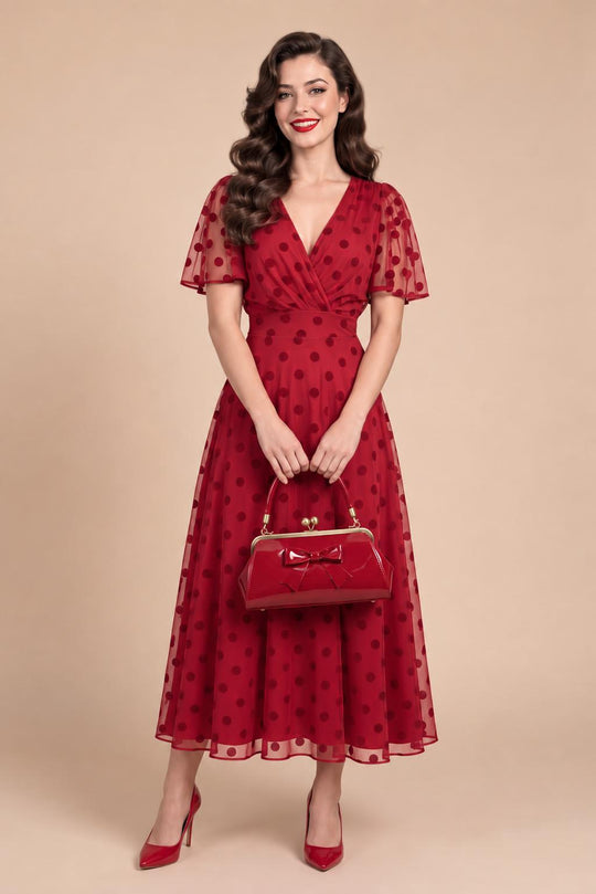 A lovely model in Marianne Red Polka Dot Vintage Evening Dress