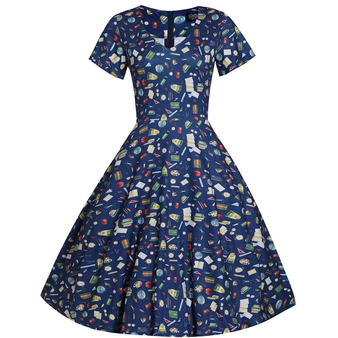 Patricia V-Neckline Blue Dress In School Supplies Print