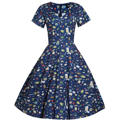 Patricia V-Neckline Blue Dress In School Supplies Print