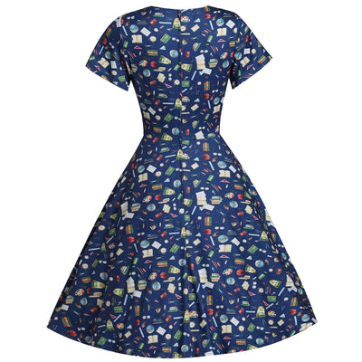 Patricia V-Neckline Blue Dress In School Supplies Print
