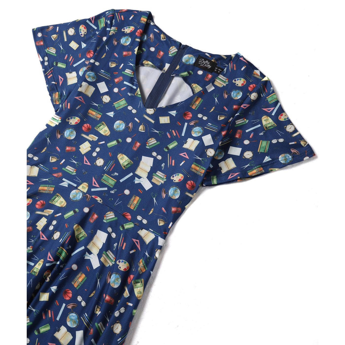 Patricia V-Neckline Blue Dress In School Supplies Print