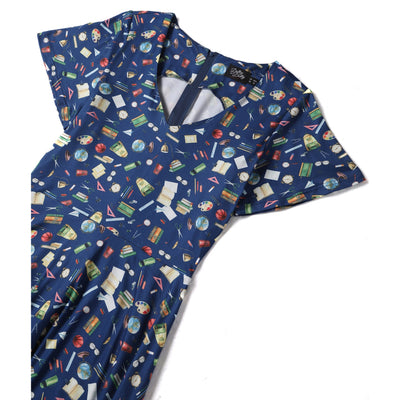 Patricia V-Neckline Blue Dress In School Supplies Print