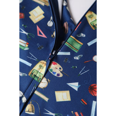 Patricia V-Neckline Blue Dress In School Supplies Print