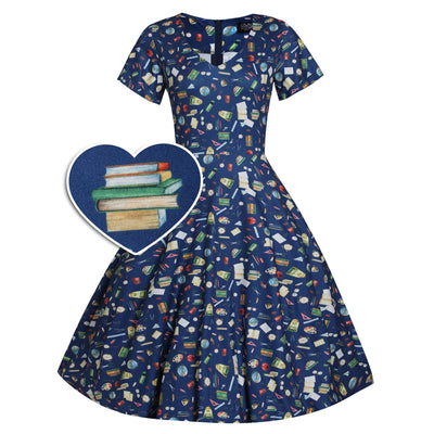 Patricia V-Neckline Blue Dress In School Supplies Print