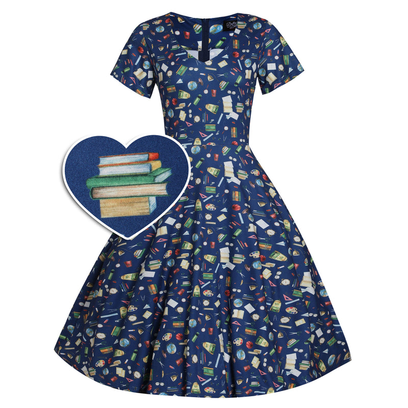Patricia V-Neckline Blue Dress In School Supplies Print