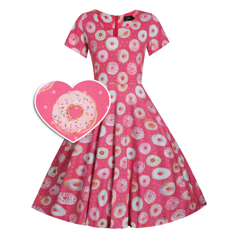 Patricia V-Neckline Pink Dress in Donut Print