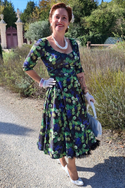 Scarlette Mid-Calf Long-Sleeved Stretchy Dress in Black & Blue Raspberry Print