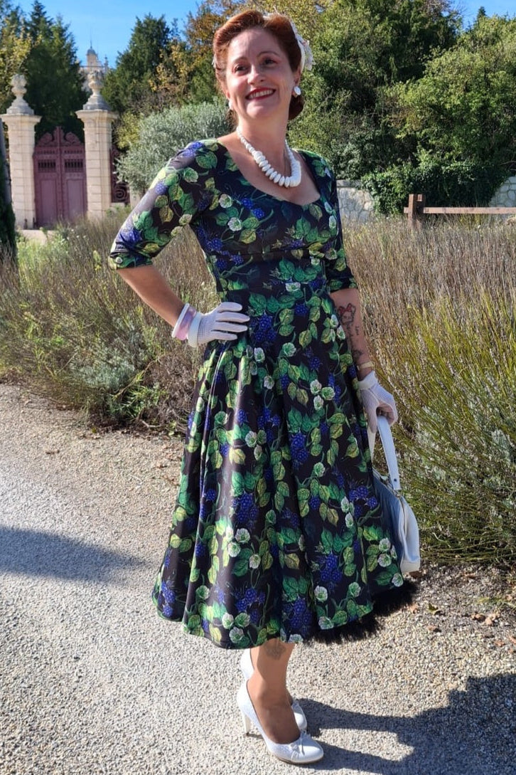 Scarlette Mid-Calf Long-Sleeved Stretchy Dress in Black & Blue Raspberry Print