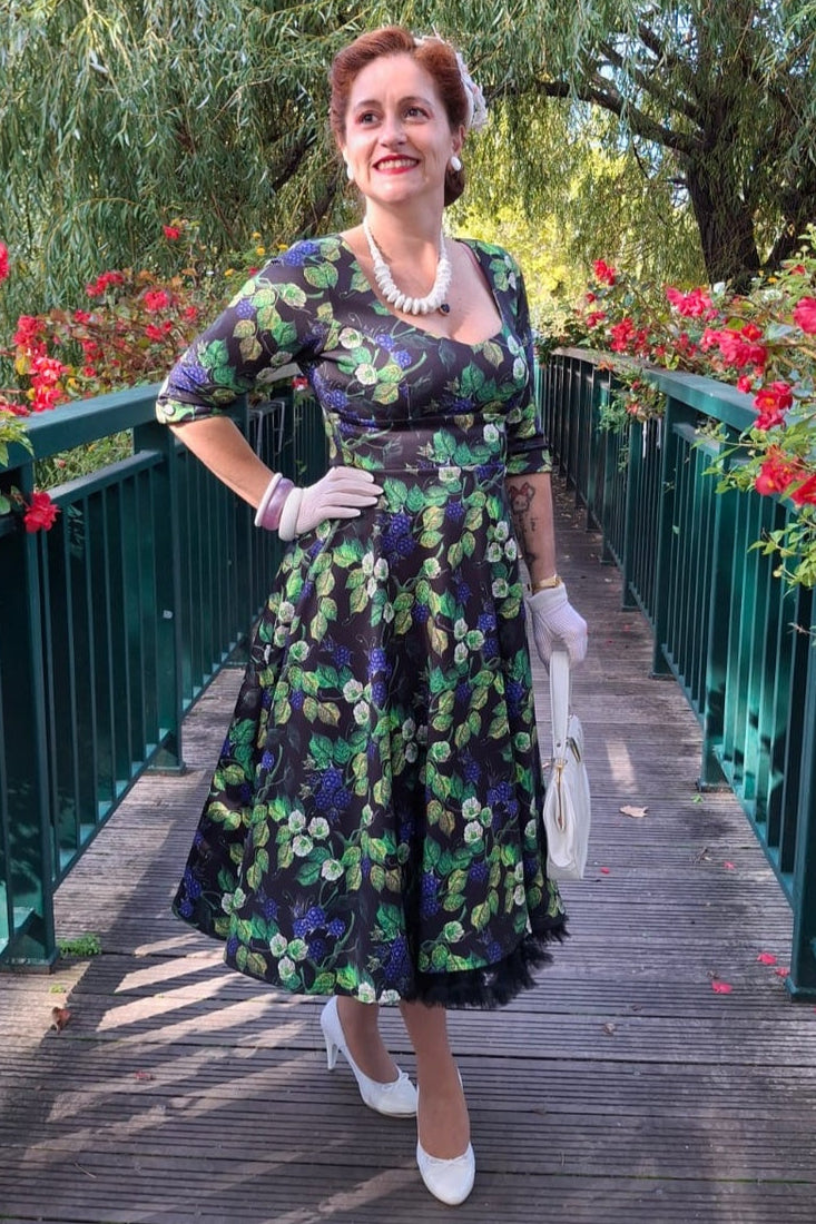 Scarlette Mid-Calf Long-Sleeved Stretchy Dress in Black & Blue Raspberry Print