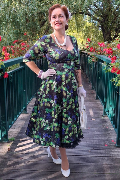 Scarlette Mid-Calf Long-Sleeved Stretchy Dress in Black & Blue Raspberry Print