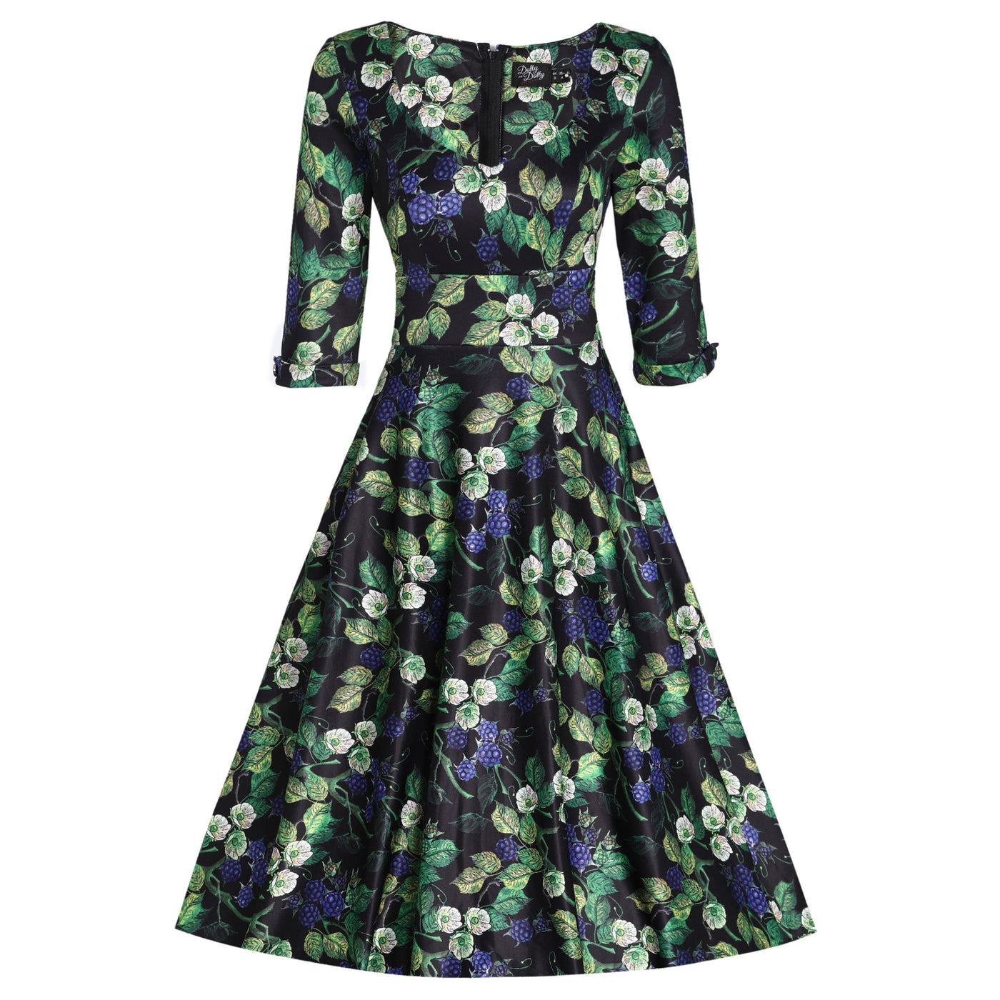 Scarlette Mid-Calf Long-Sleeved Stretchy Dress in Black & Blue Raspberry Print