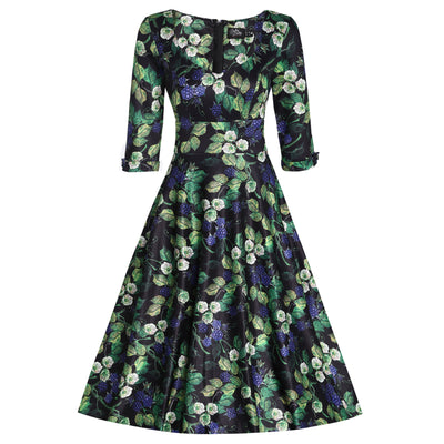 Scarlette Mid-Calf Long-Sleeved Stretchy Dress in Black & Blue Raspberry Print