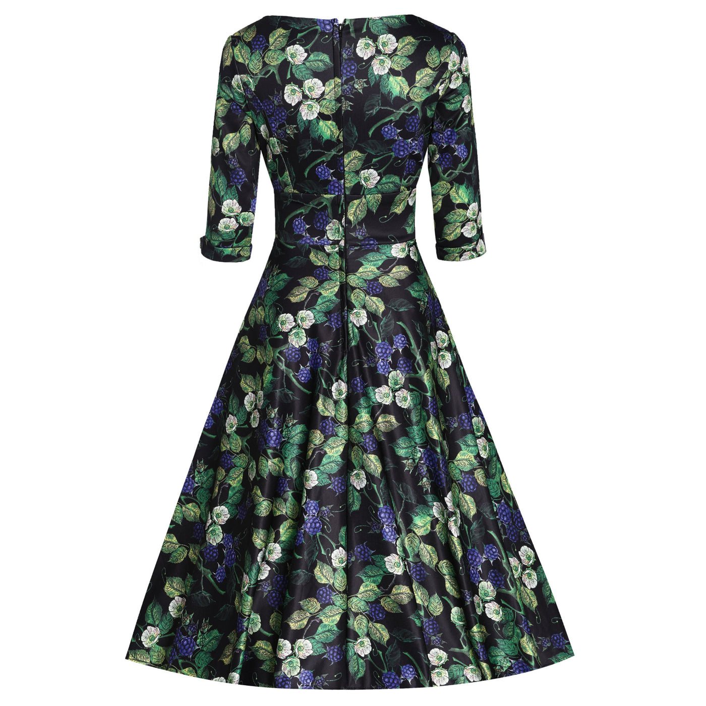 Scarlette Mid-Calf Long-Sleeved Stretchy Dress in Black & Blue Raspberry Print