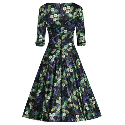 Scarlette Mid-Calf Long-Sleeved Stretchy Dress in Black & Blue Raspberry Print