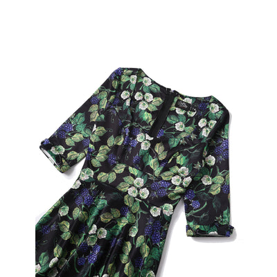 Scarlette Mid-Calf Long-Sleeved Stretchy Dress in Black & Blue Raspberry Print