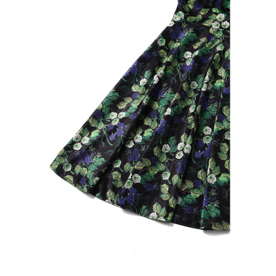 Scarlette Mid-Calf Long-Sleeved Stretchy Dress in Black & Blue Raspberry Print
