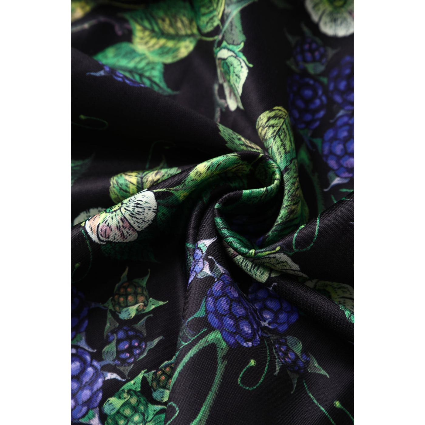 Scarlette Mid-Calf Long-Sleeved Stretchy Dress in Black & Blue Raspberry Print